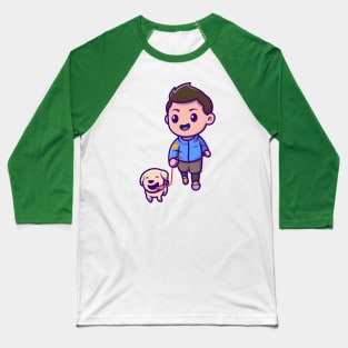 Cute Boy Jogging With Dog Cartoon Baseball T-Shirt